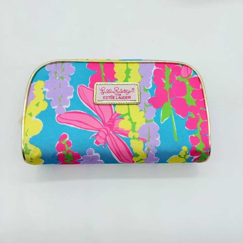 Lilly Pulitzer x Estee Lauder Blue Pink Cosmetic Makeup Bag 2 Travel Containers
